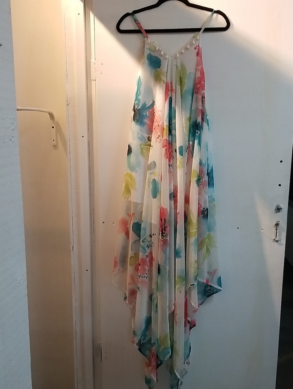 Flowy White Floral Handkerchief-Hem Dress